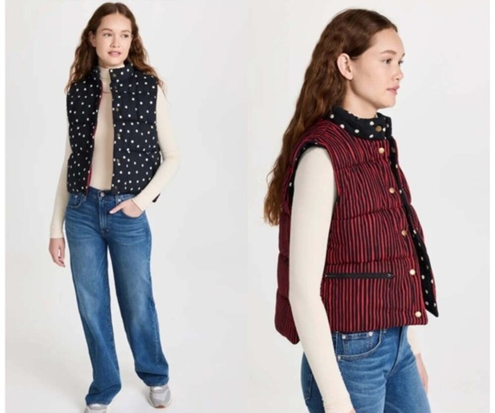 Clare V Emilie Black Polka Dot Puffer Vest Reversible Red Stripe, XS/S